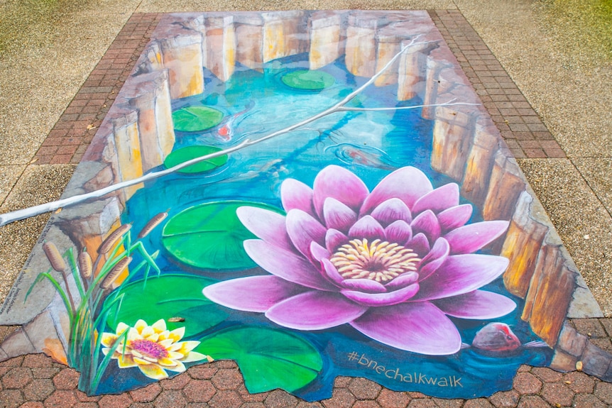 Completed chalk art installation on the sidewalk at South Bank.