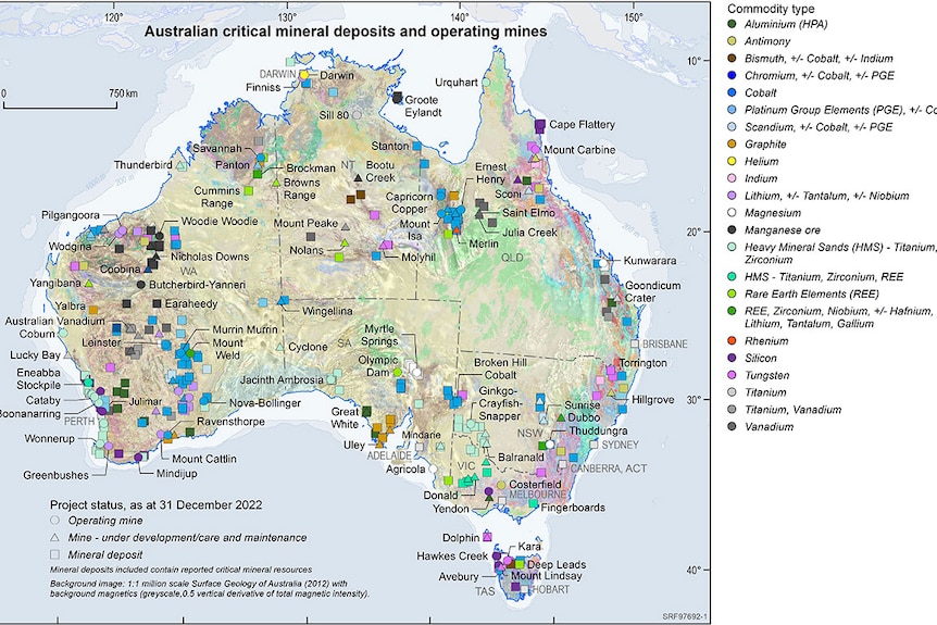 A map showing the critical mineral deposits and projects across Australia. 