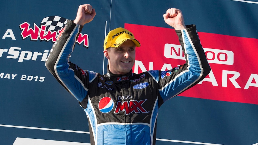 Mark Winterbottom celebrates win in Winton