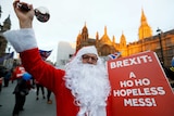 A man in a Santa Claus costume holds an anti-Brexit placard.