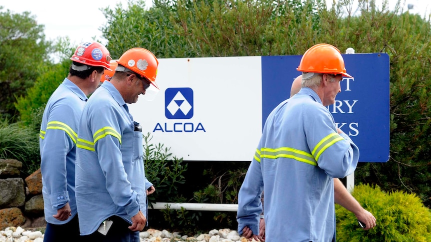 Workers enter the Alcoa aluminium smelter in Geelong