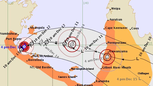 A track map of Tropical Cyclone Owen heading towards the Northern Territory coast.