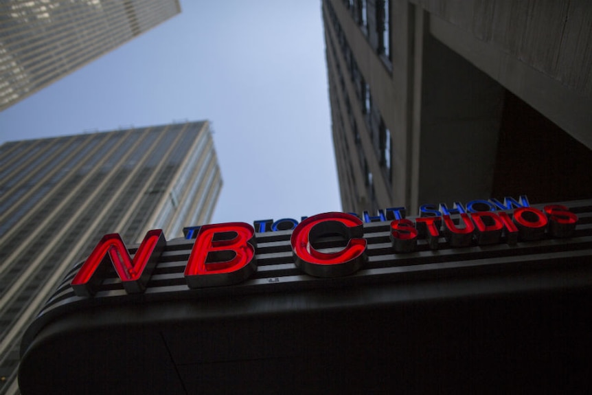 A close-up view of the NBC Studios sign at the Rockefeller Centre.