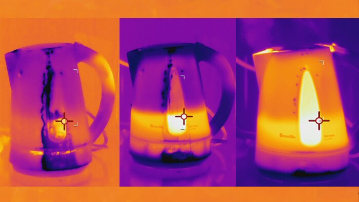 A kettle boils under thermal imaging