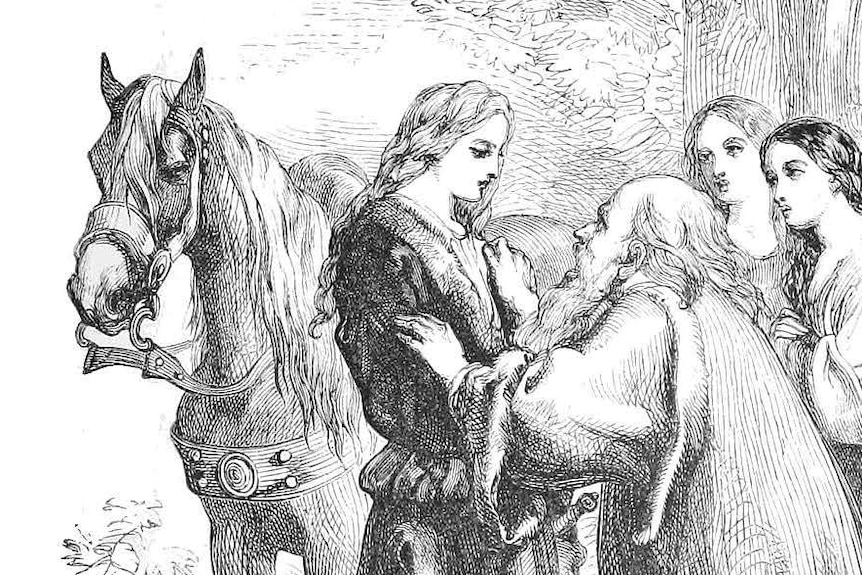 Black and white drawing of a tall woman next to a horse looking down to a shorter man. Behind there are two women observing.