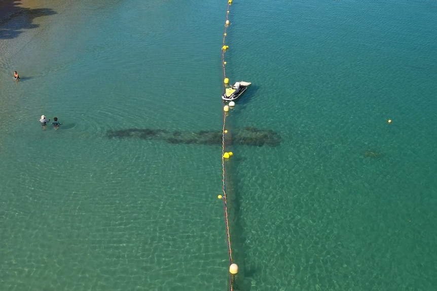 Drone view of rope bisecting water with swimmers on one side.