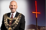 Hobart Lord Mayor Ron Christie and Dark Mofo inverted cross composite image.