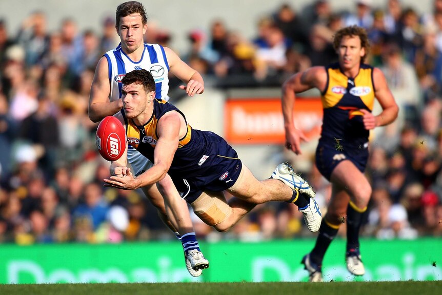 West Coast's Luke Shuey (C) handballs against North Melbourne at Subiaco Oval on July 10, 2016.