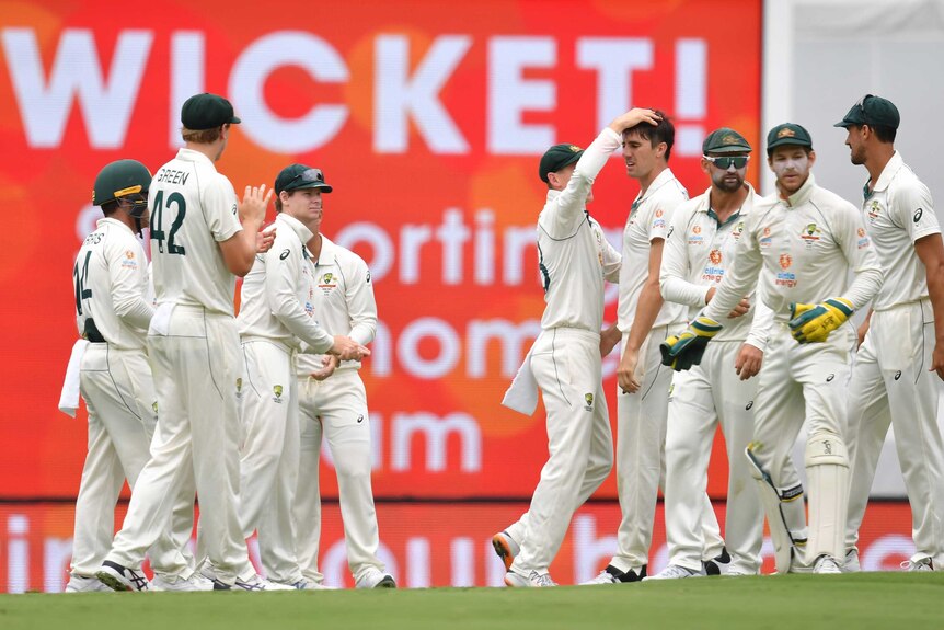 The Australia cricket team gather in celebration. A large advertising board in the background reads 'WICKET!'