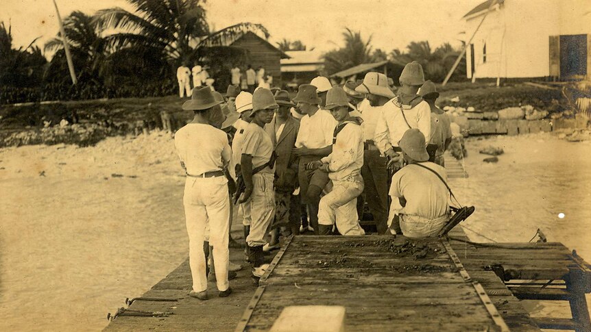 Germans from the destroyed war ship SMS Emden prepare for their final departure from the Cocos Islands.