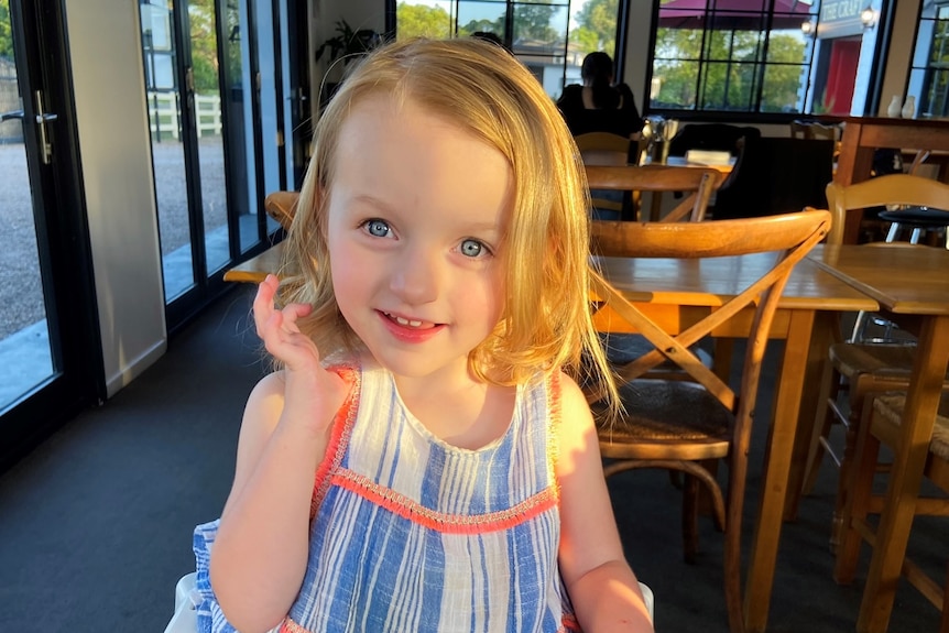 A little girl in a pretty dress smiling for the camera