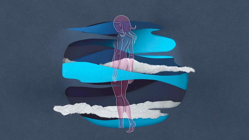 An illustration of a woman walking into a circle of water and mist