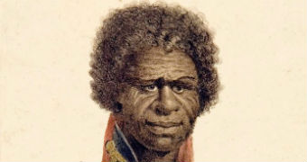 An illustrations shows and Indigenous man wearing the red coat of the British Army