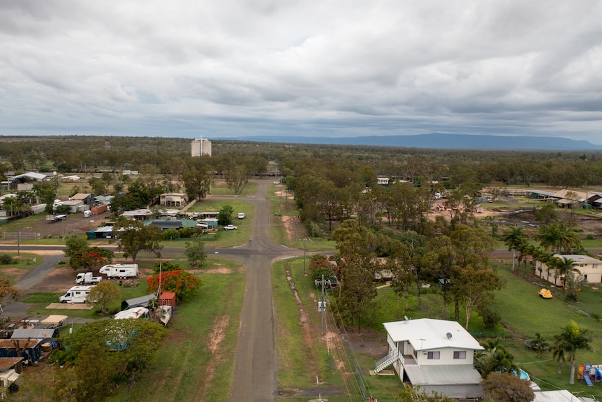 Aerial photo of central Queensland town of Dingo looking down a main road, November 2021.