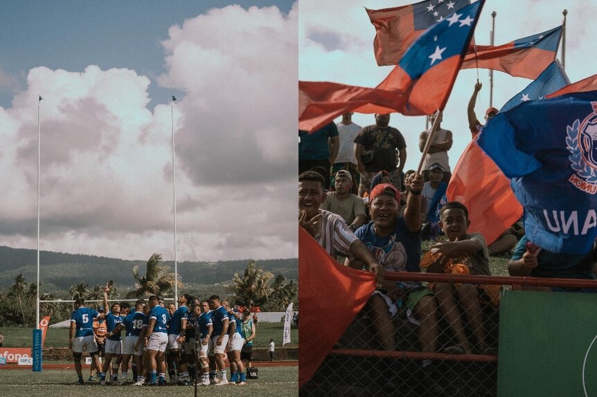 Two images. One of Samoa rugby team standing on a field, mountains behind them. Young children wave flags