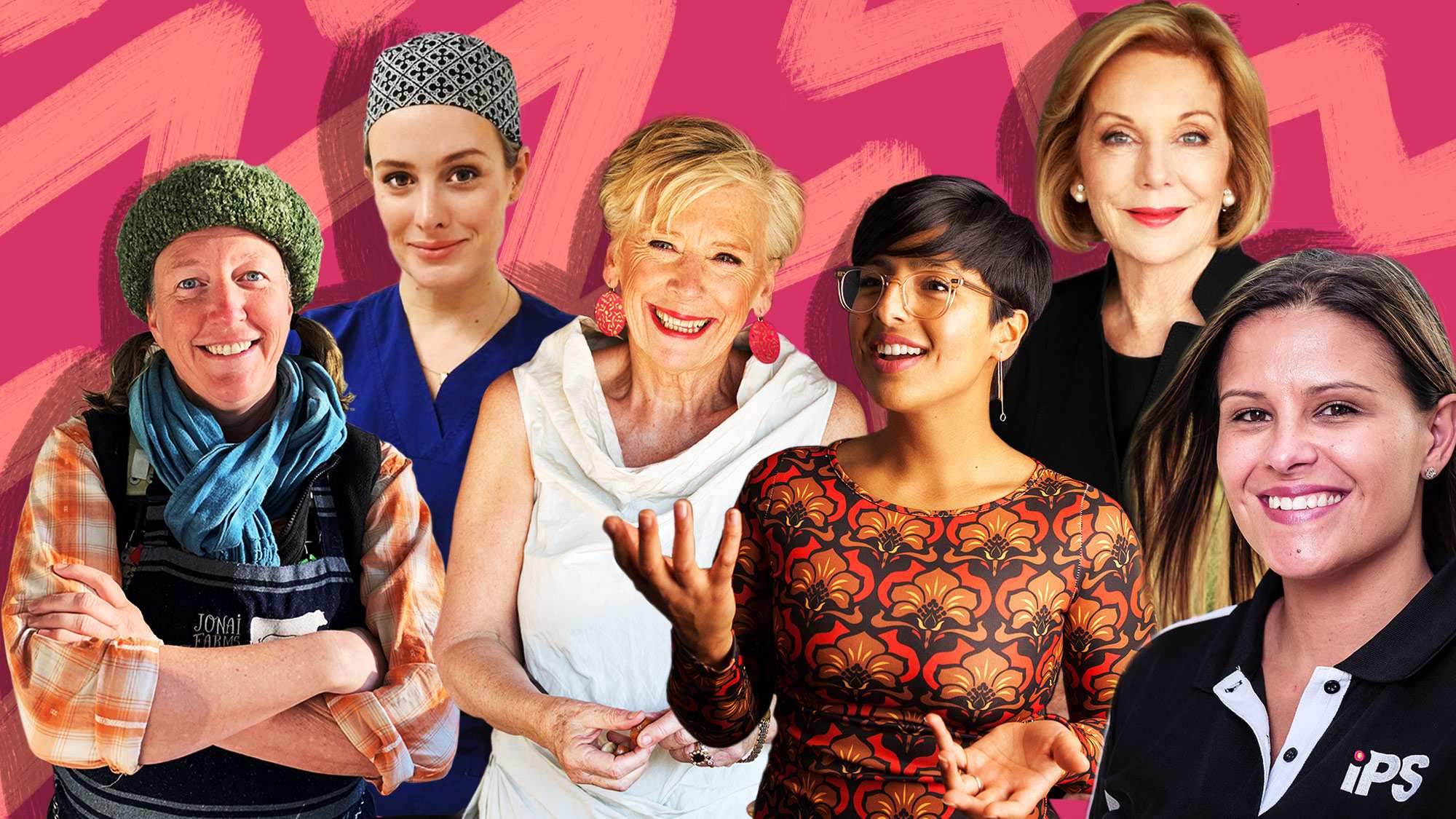 A collage of six women in front of a pink zig-zag design background to depict career advice from women at the top of their game.