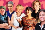 A collage of six women in front of a pink zig-zag design background to depict career advice from women at the top of their game.