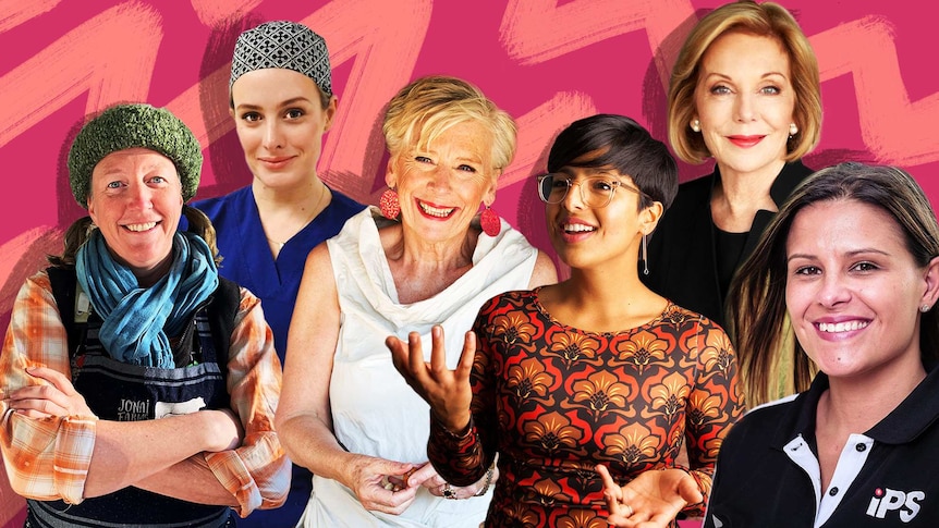 A collage of six women in front of a pink zig-zag design background to depict career advice from women at the top of their game.