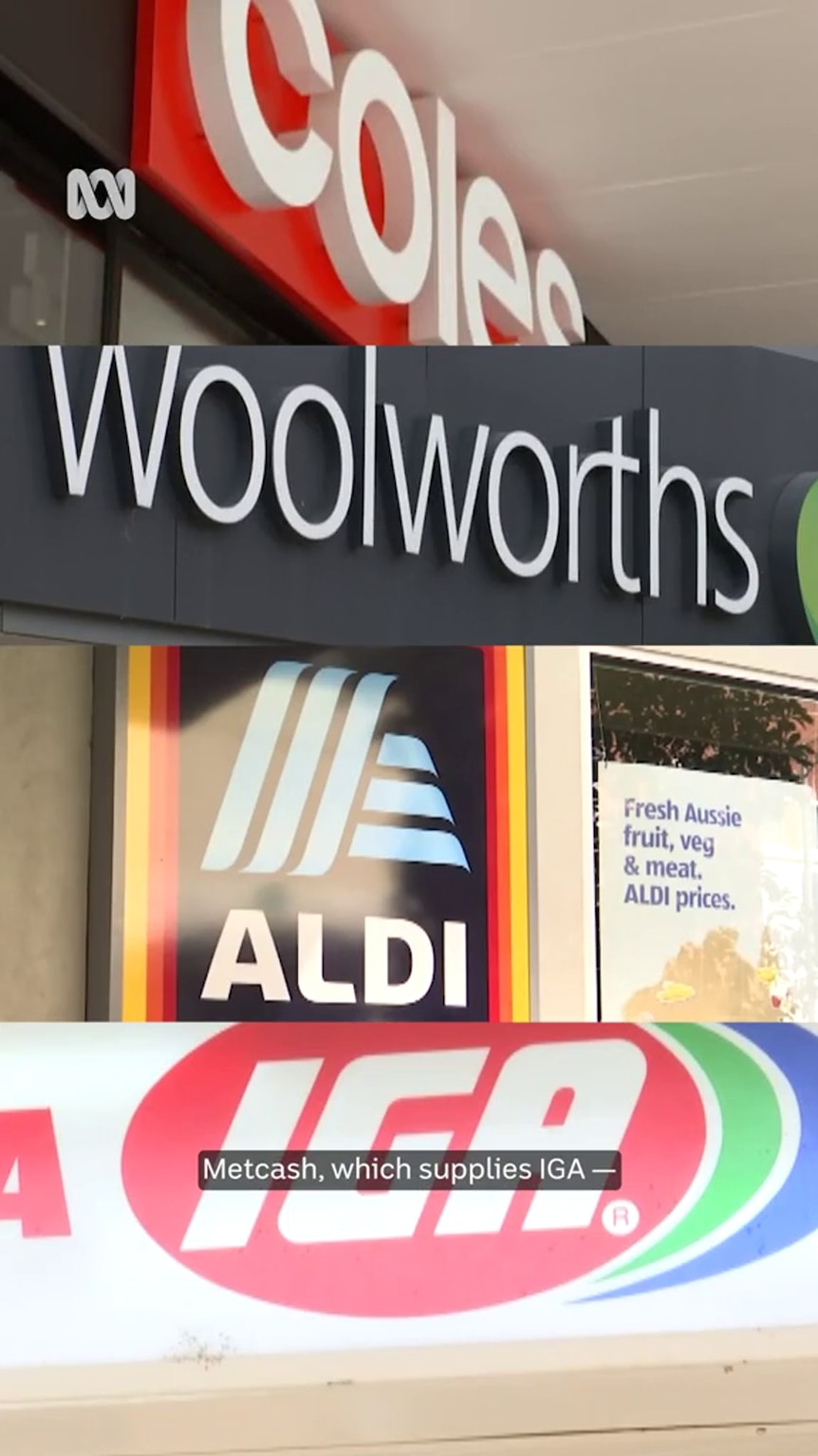 Composite shows branding for Coles, Woolworths, Aldi and IGA.