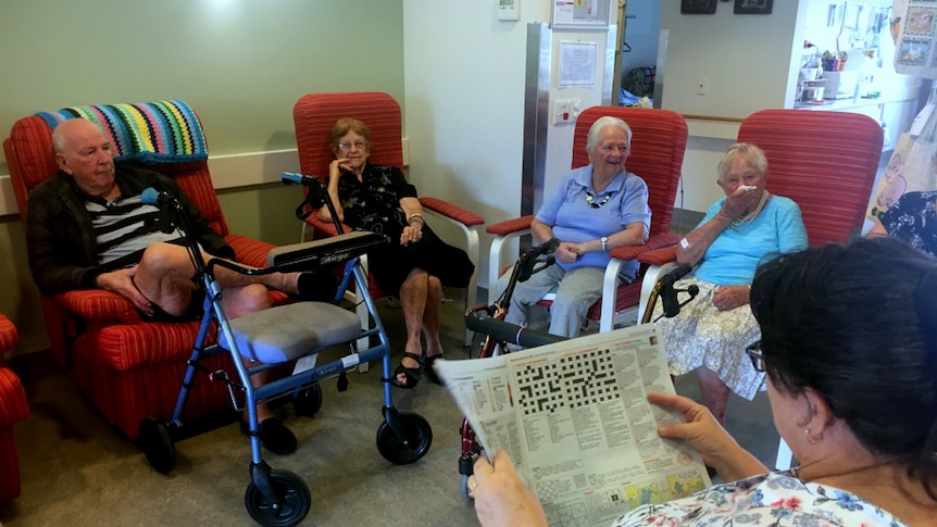 Elderly residents of the Biggenden Hospital enjoy an afternoon together.