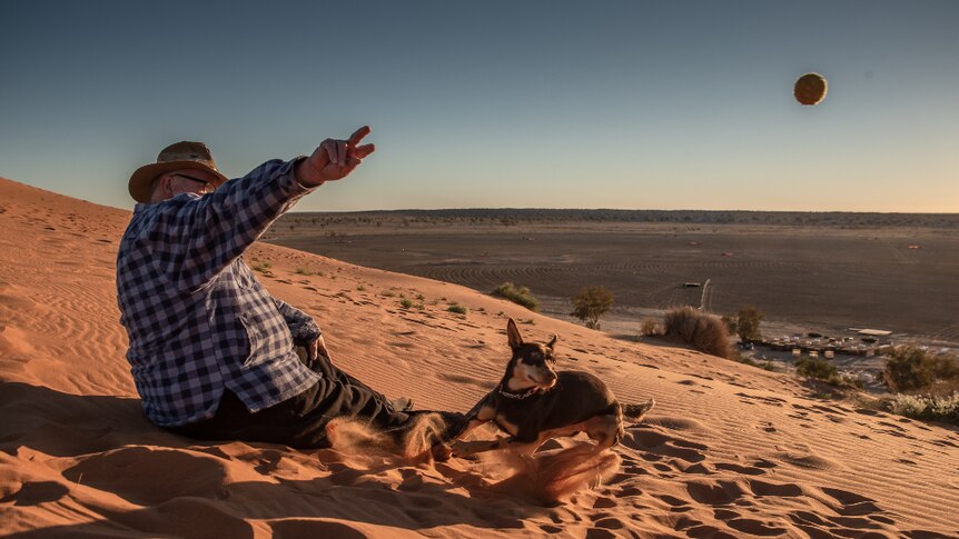 A man sitting on a red sand dune in the desert throws a ball to a dog.