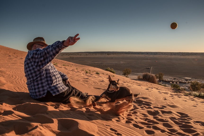 A man sitting on a red sand dune in the desert throws a ball to a dog.