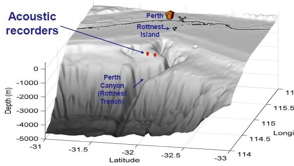 The placement of the acoustic recorder on a plateau in the Perth canyon