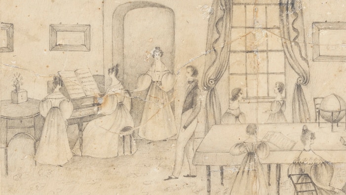 An old pencil drawing showing three 19th century ladies gathered around a square piano with a gentleman observing.