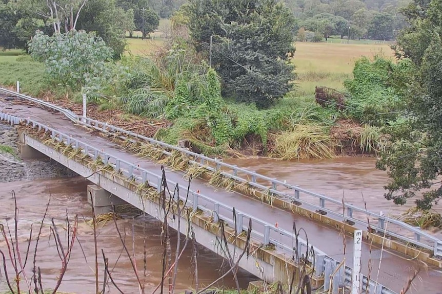 Floodwaters ease at Laidley Creek Bridge at Thornton School Road.