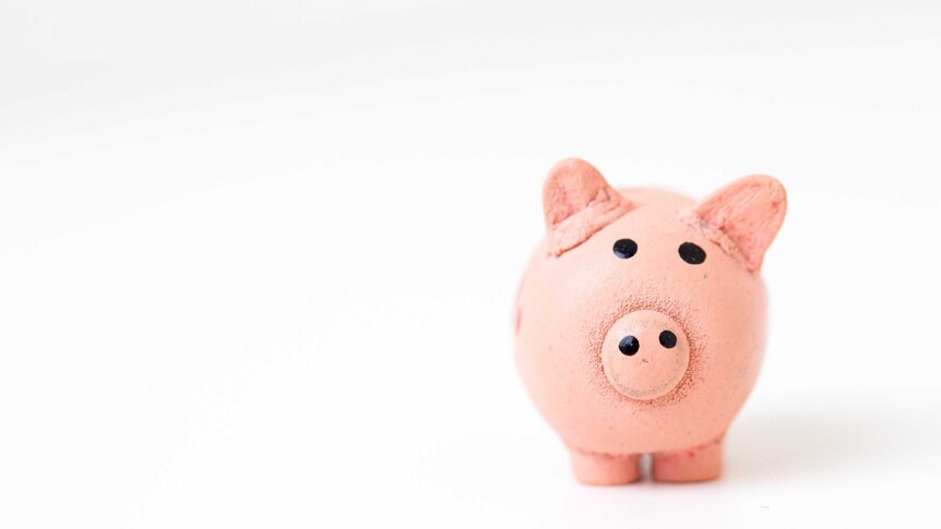 A pink piggy bank sits right of centre against a stark white background.