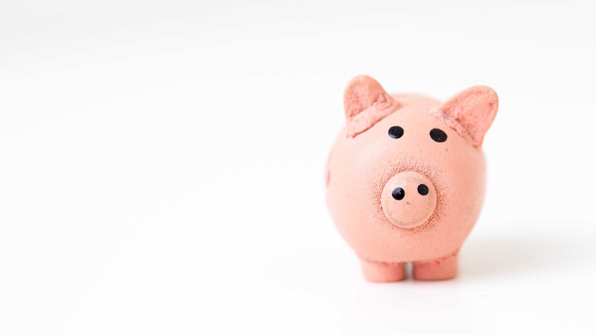 A pink piggy bank sits right of centre against a stark white background.