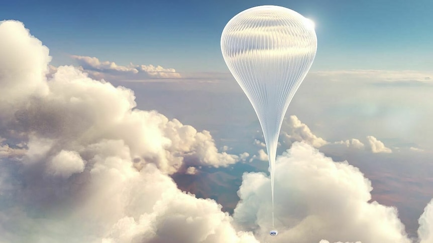 An illustration of a white balloon floating in front of clouds in the sky.