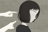 An still image shows an illustration of an Asian woman looking forlorn as fingers point toward her.