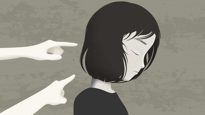 An still image shows an illustration of an Asian woman looking forlorn as fingers point toward her.