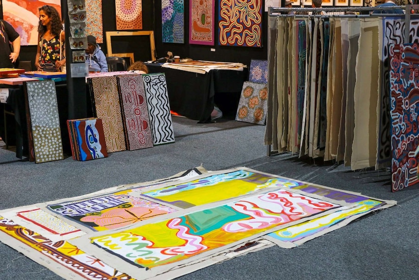 Colourful art is displayed on the floor and walls at the Darwin Convention Centre.