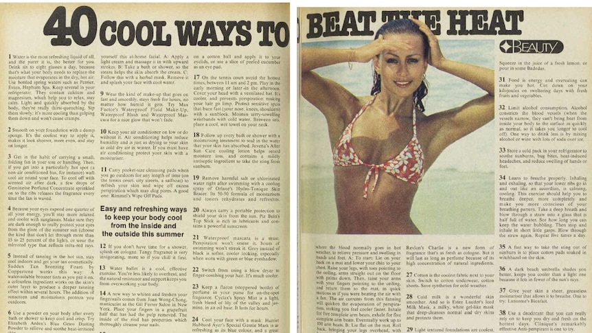A lady in swimwear poses alongside an article with 40 tips for how to beat the heat.