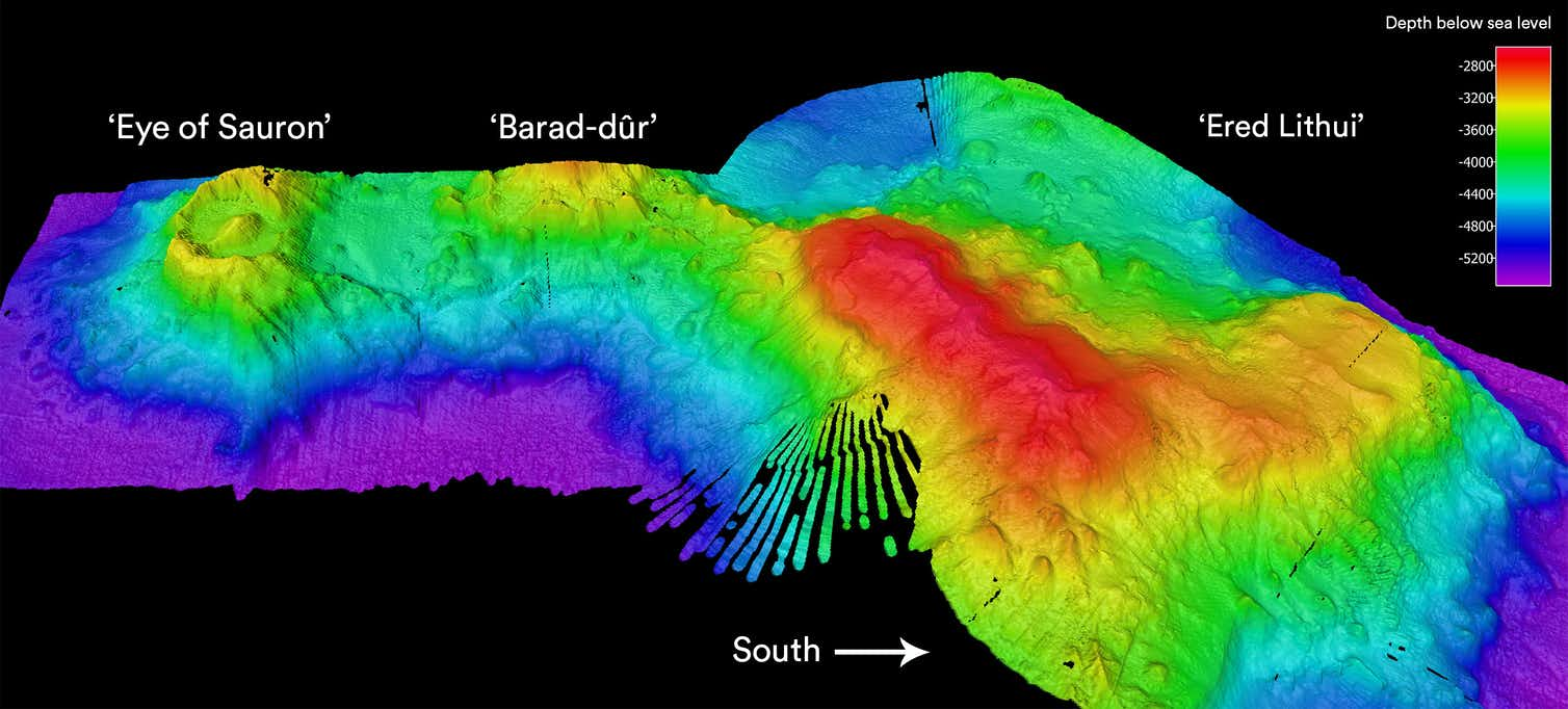 A colourful image of the 'Eye of Sauron' volcano and nearby seamounts