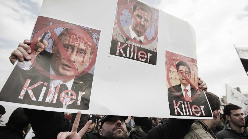 Protests against Russia president Putin and Syria president Assad