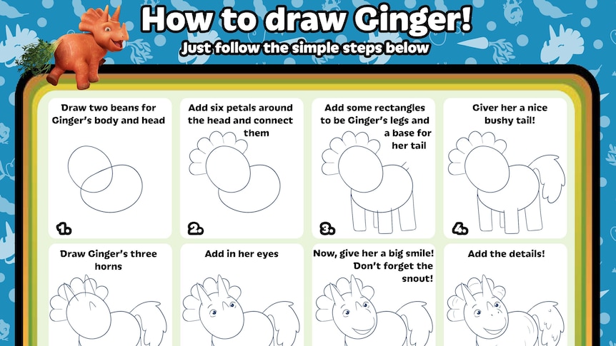 Activity sheet teaching people how to draw character Ginger