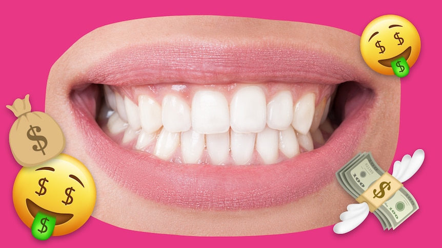 A white woman's mouth is seen smiling, cut out against a bright pink background with different money emojis surrrounding