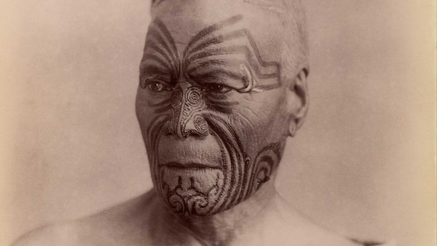 An archival photo of a Maori chief with facial tattoos, gazing off to the side of the camera.