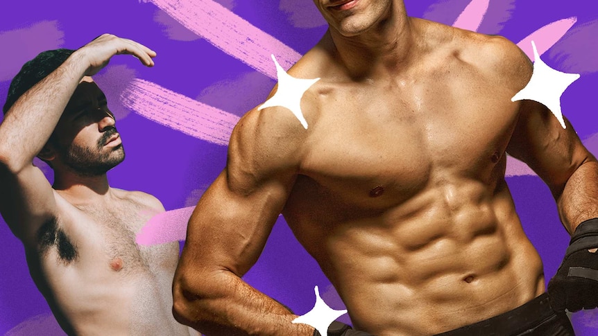 Two shirtless men against a purple-and-pink graphic background.
