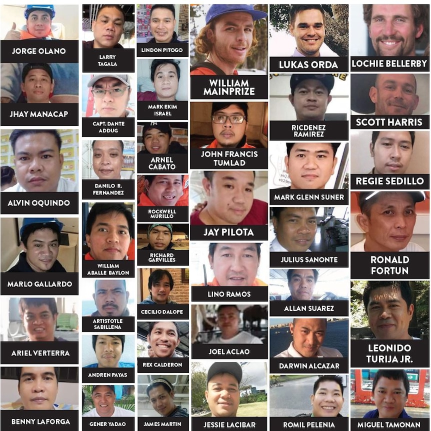You view a grid of headshots of the 40 men who remain missing at sea because of the Gulf Livestock 1 disaster.