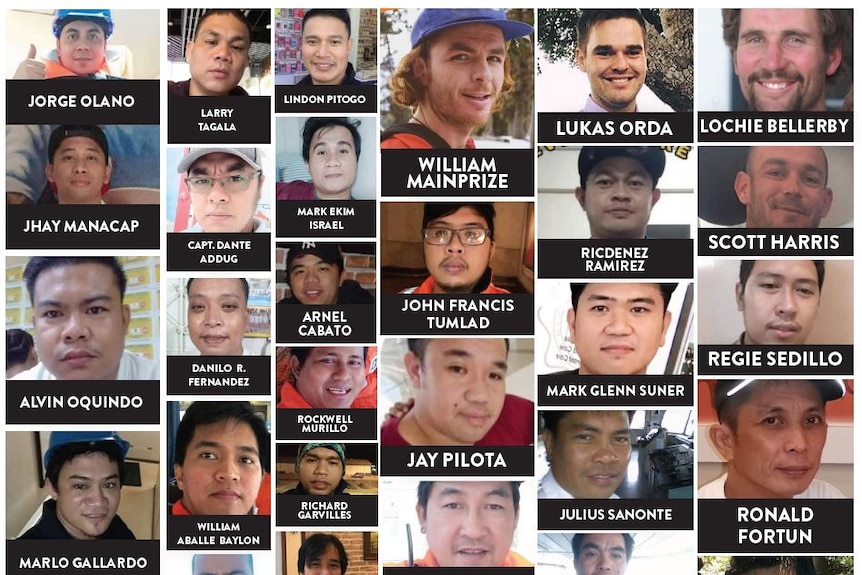 You view a grid of headshots of the 40 men who remain missing at sea because of the Gulf Livestock 1 disaster.