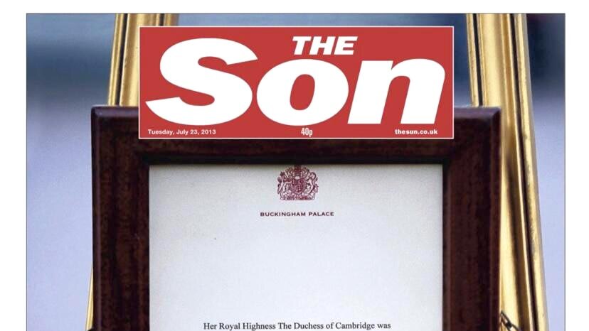 Front page of The Sun in the UK announcing the birth of a son to Prince William and Catherine.