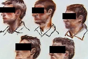Artist's impression of the five men accused of murdering Alice Springs man Kwementyaye Ryder, with their eyes blacked out.