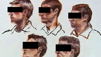 Artist's impression of the five men accused of murdering Alice Springs man Kwementyaye Ryder, with their eyes blacked out.