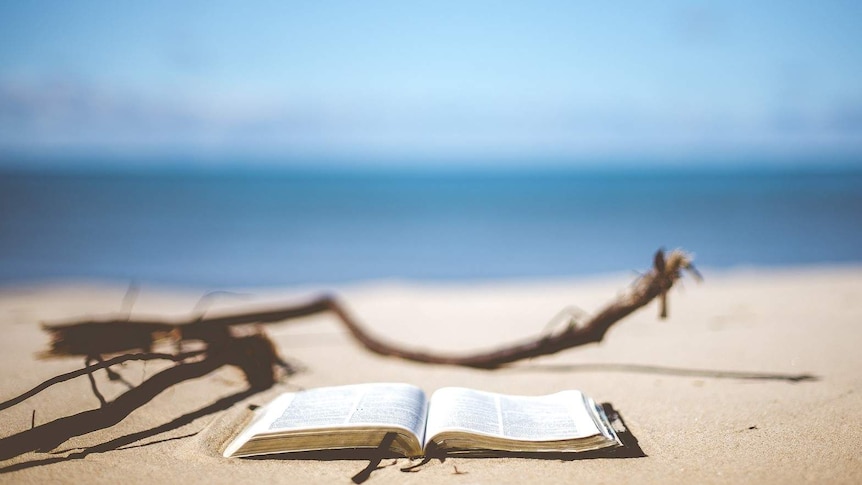 A book lays open on the sand at the beach.
