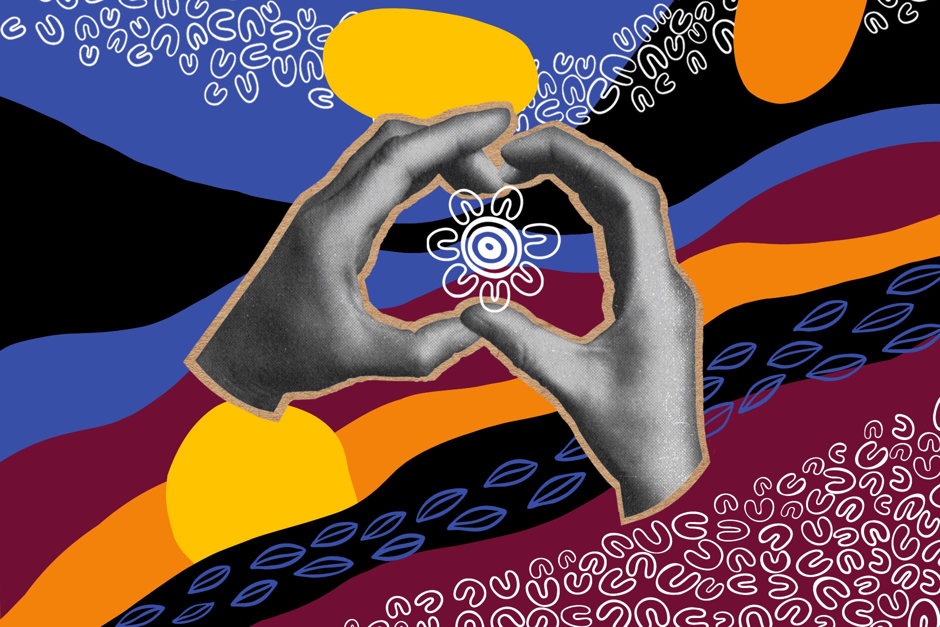 A cutout black and white photo of hands forming shape of Australia sit on top of colourful NAIDOC Week graphics.