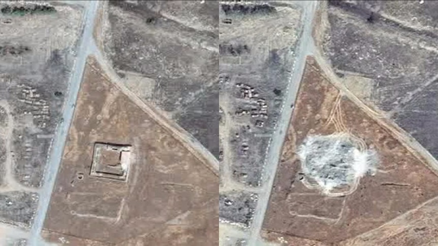 A before and after shot of the St Elijah's Monastery taken by satellite.